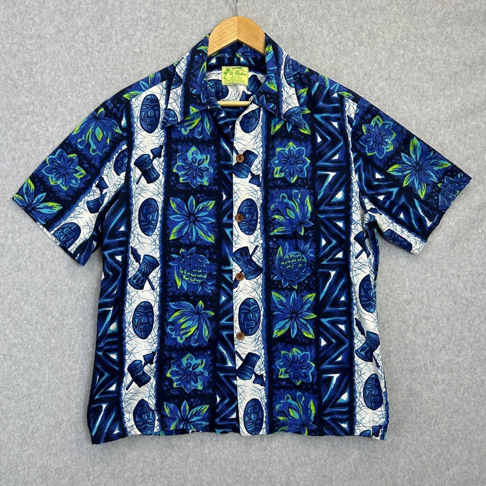 Vintage Ui-Maikai Mens L Hawaiian Shirt Blue Tiki Mask Floral Cotton Button Up